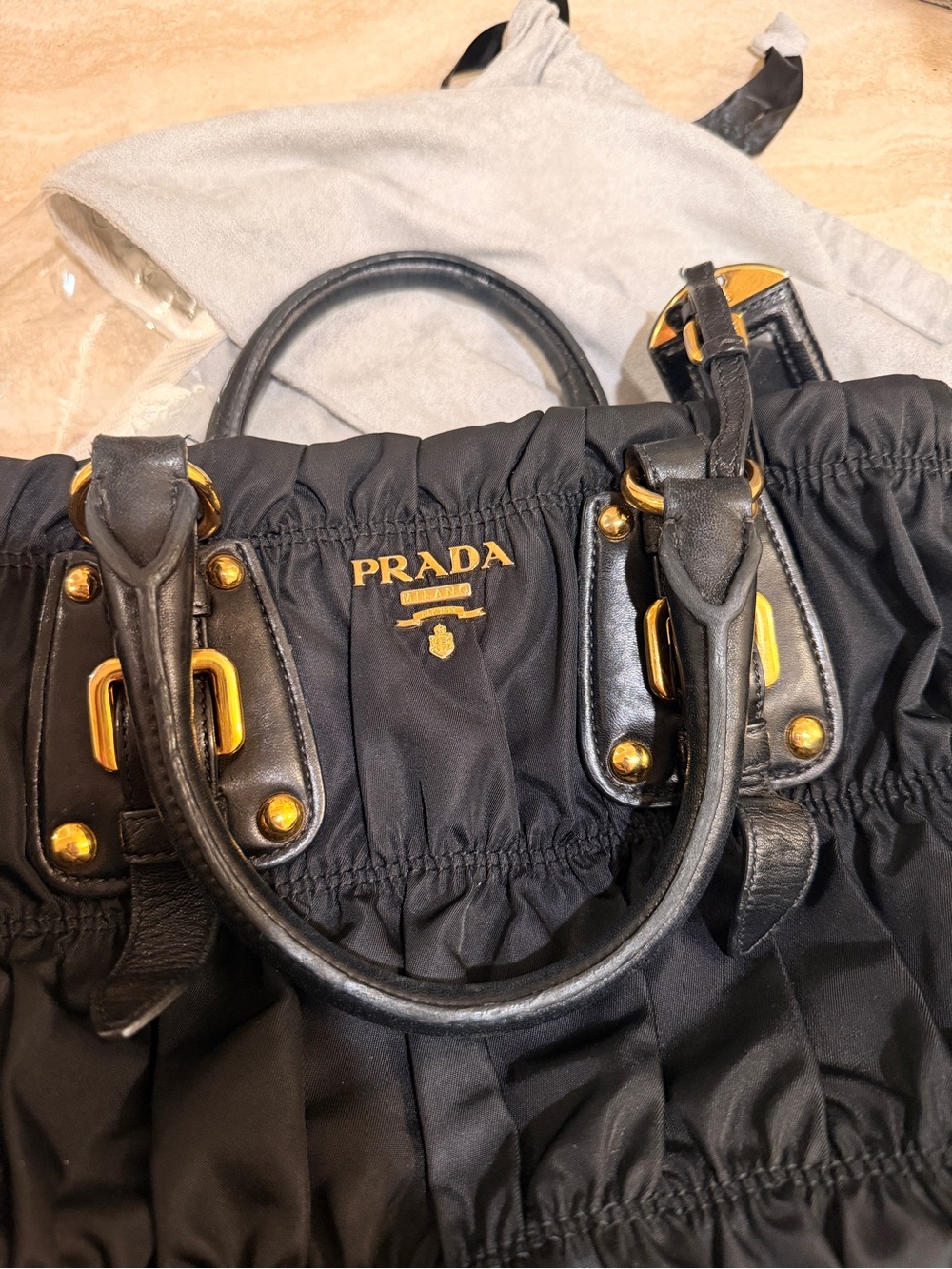AUTHENTIC Prada Tessuto Black Nylon Ruched Shoulder Bag with Gold Hardware - Picture 11 of 16